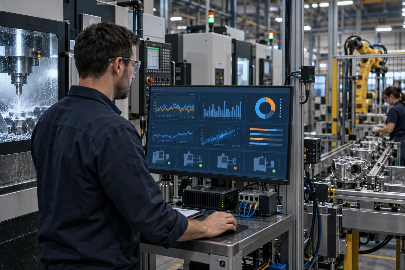 Production engineer reviewing live machine and quality data beside manufacturing equipment
