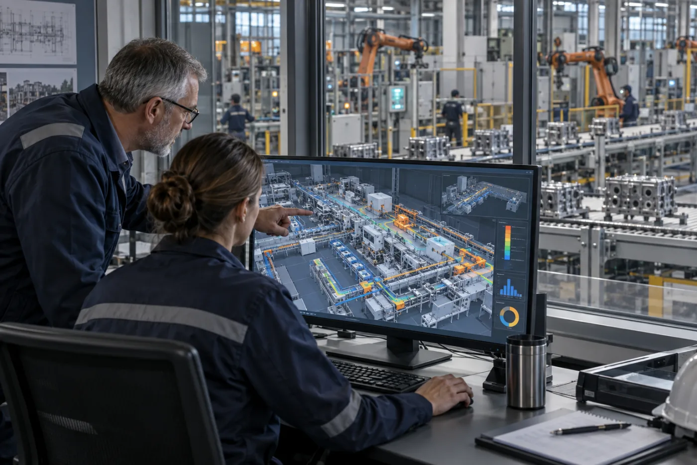 Plant leaders comparing a factory Digital Twin with the real production line