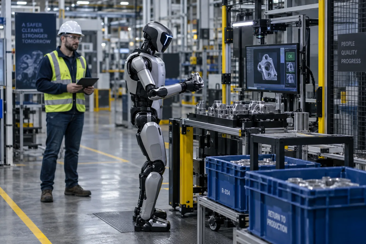 Humanoid robot performing a controlled inspection task in a factory