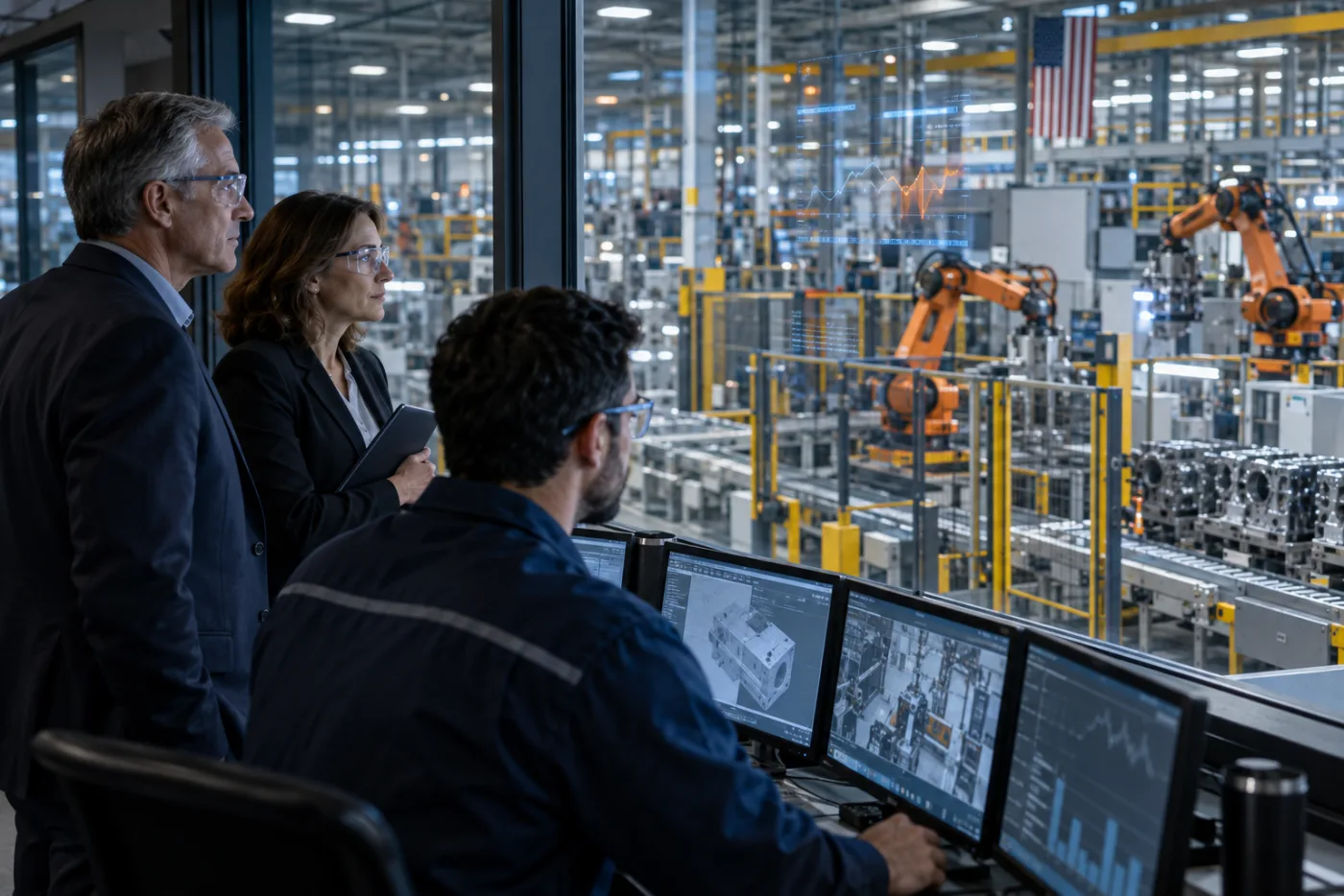 Manufacturing leaders reviewing an automated production floor and operational data