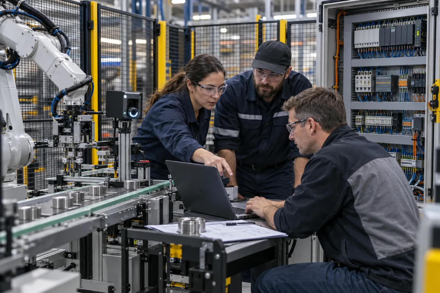 Plant and integration team commissioning a connected robotic production cell